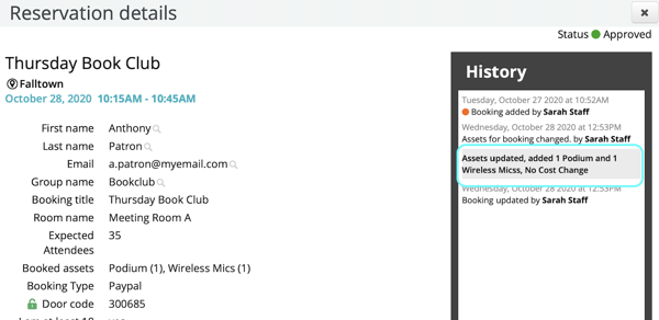 Bookable asset names are in the history log